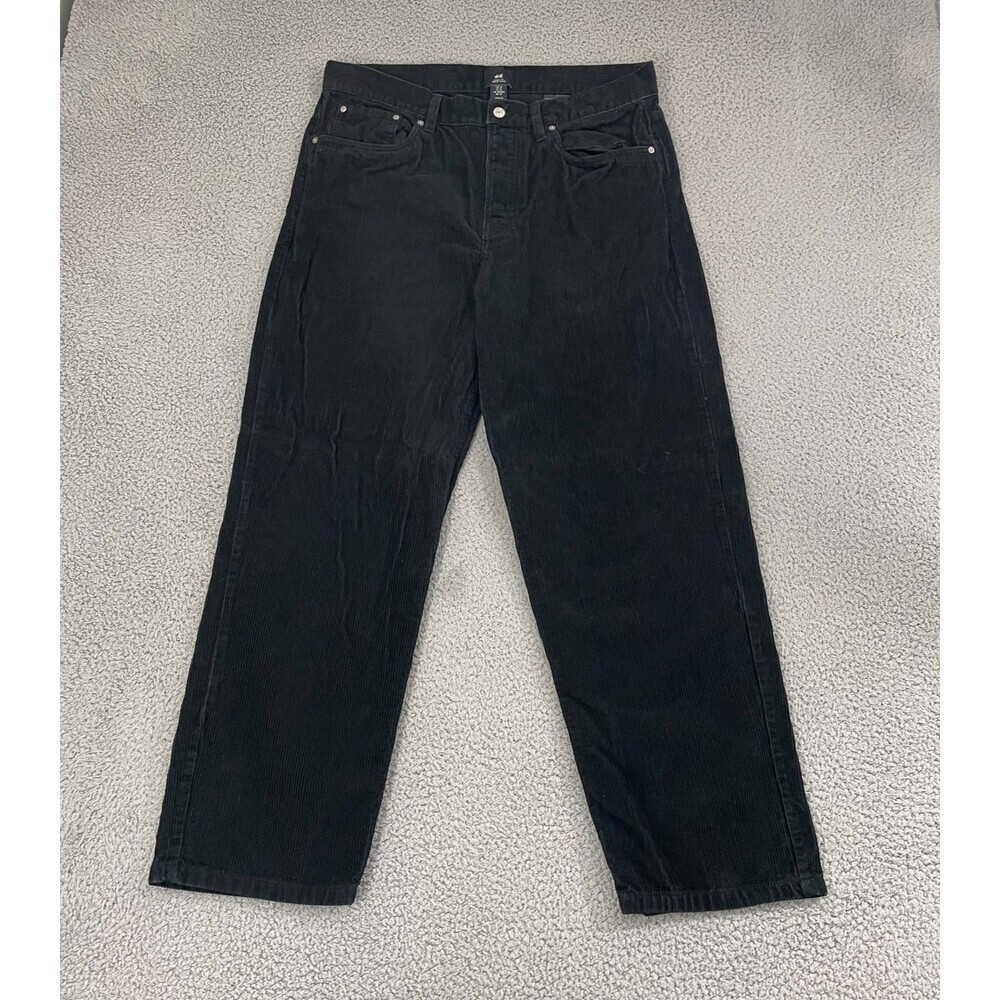 H&M Corduroy Pants 34x29.5 Black Button Fly‎ Dark Academia Flat Front Preppy